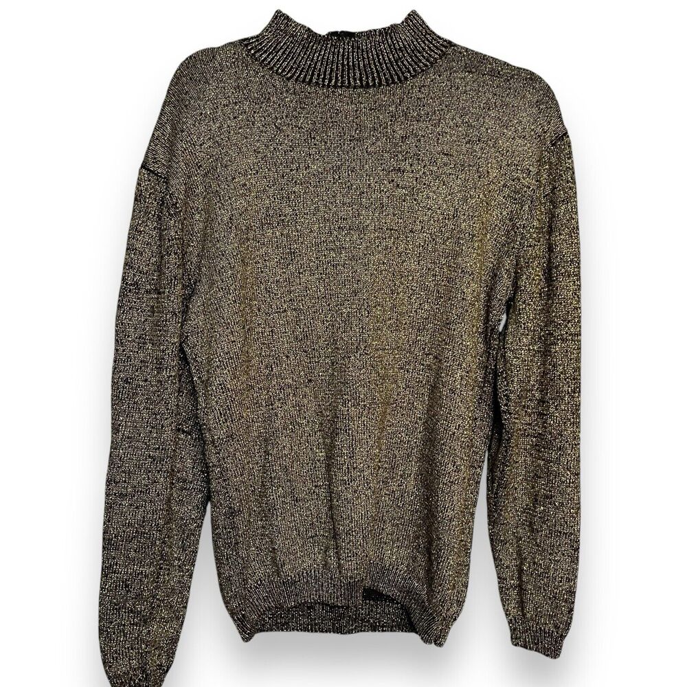 Pronto Moda Mock Neck Sweater Women's Medium Black Gold Metallic VTG Cozy Casual